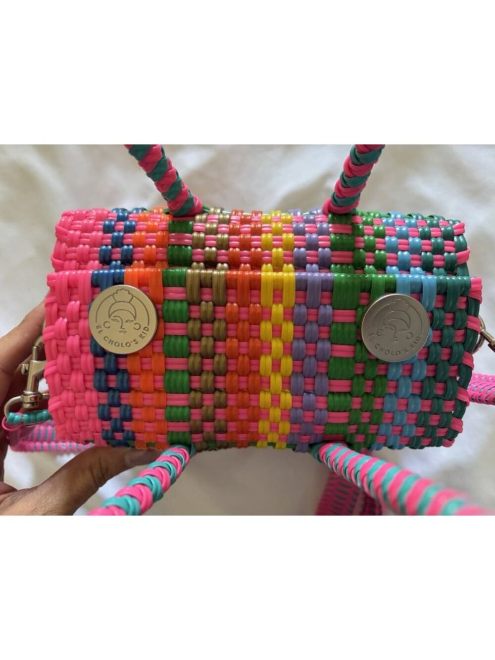 Multicolor Woven Tote Bag - Vibrant Pink Accent (MISSING STRAP) - Picture 4 of 13